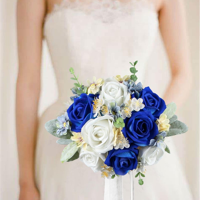 Rinlong 7â€œ Blue Wedding Bouquet for Bride Bridesmaid Artificial Toss Bouquet Royal Navy Blue Silk Bridal Bouquet Wedding Prom Bouquets - Image 5